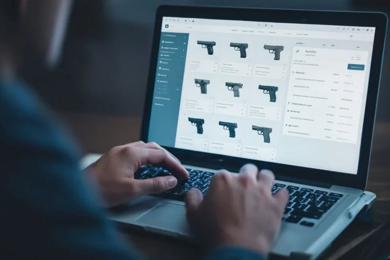 Man browsing firearms on an online gun store website using a laptop
